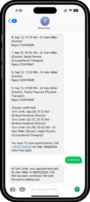 Patient SMS thread: already confirmed visits, Confirm9 reply, and a confirmation for the booked time