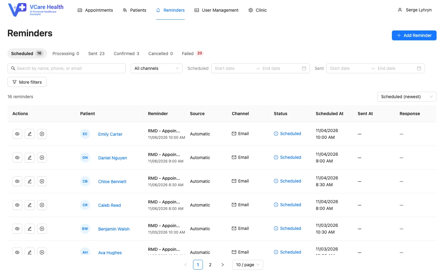 Reminders inbox showing scheduled auto sends across email with patient names and status
